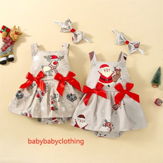 Babyclothes- ชุดรอมเปอร์ แขนกุด ประดับโบว์ด้านหน้า และที่คาดผม คริสต์มาส สําหรับเด็กผู้หญิง 2 ชิ้น