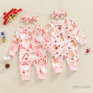 Babygarden- ชุดจั๊มสูทรอมเปอร์ คอกลม แขนยาว พิมพ์ลายซานตาคลอส ขนมปังขิง มีซิป พร้อมโบว์คาดศีรษะ สําหรับเด็กผู้หญิง อายุ 0-18 เดือน