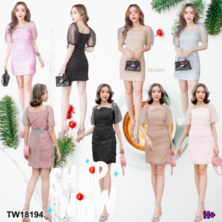 TwinsShopVip💗พร้อมส่ง TW18194 Dress เดรสแต่งมุ้งลายจุดแขนพอง .