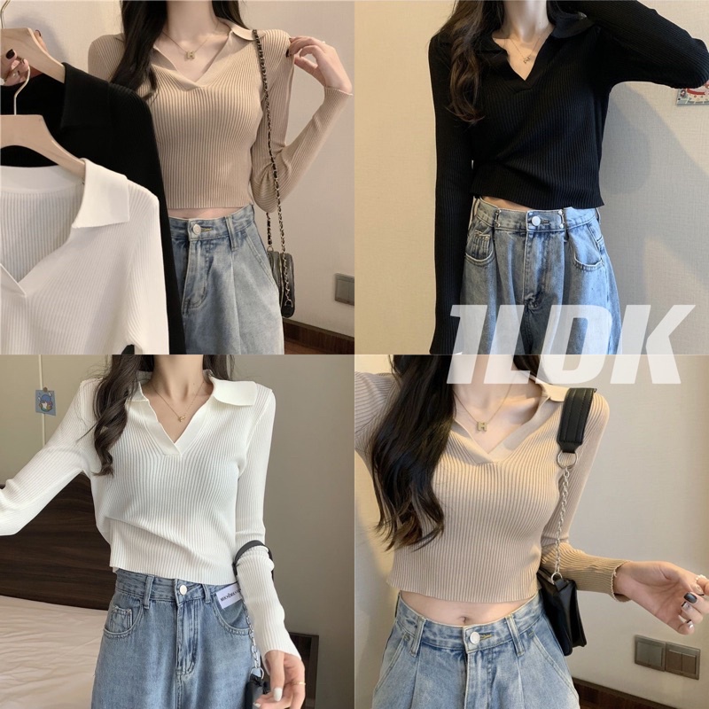 1LDK พร้อมส่ง เสื้อแขนยาว เสื้อไหมพรม คอปก ลายเรียบ ผ้ายืดดีมาก(6709-2)