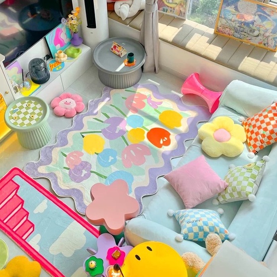 พรมปูพื้นห้องนอน แคชเมียร์ พรมปูพื้น 80x120 140x200 สีสันสดใส ดอกทิวลิป เทพนิยายน่ารัก พรมปูพื้นห้อง พรมน่ารัก พรมข้างเตียง พรมเกาหลี
