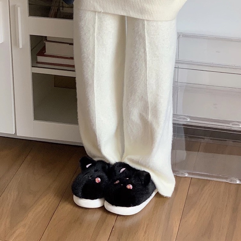 🌙 รองเท้า รองเท้าลายแมวดำ พระจันทร์ ตาวิ้งๆ Slipper สลิปเปอร์ขนนุ่ม 49031