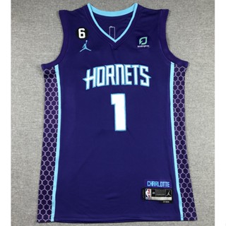 เสื้อกีฬาบาสเก็ตบอล ปักลาย Charlotte Hornets 1 LaMelo Ball สีม่วง สําหรับผู้ชาย 2023