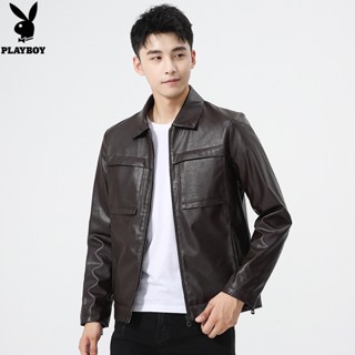 PLAYBOY New Leather Jacket Mens Lapel Leisure Youth Leather Jacket Motorcycle Suit