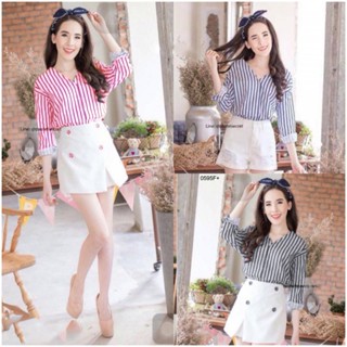 CS0595  เซ็ตลายทาง+กางเกงกระโปรง  Striped set + skirt pants