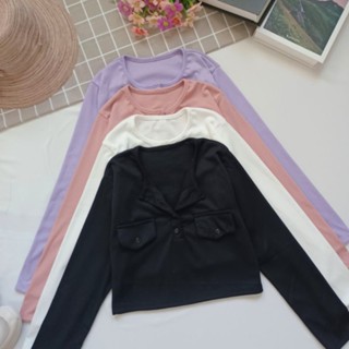 เสื้อคาอปกระดุมแขนยาวแฟชั่นเอวลอยแต่งกระเป๋าหน้าหลอก2ข้าง