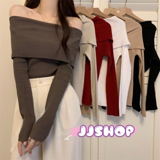 JJ shop 💜พร้อมส่ง  เสื้อเปิดไหล่แขนยาว ผ้าไหมพรมสีพื้นผ้าร่องสวยๆ "M335"