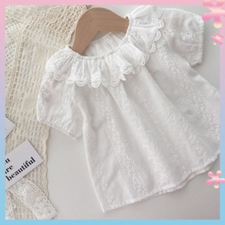 Japanese style baby girls doll shirt girls summer fresh white shirt short sleeve Princess lace shirt childrens clothing