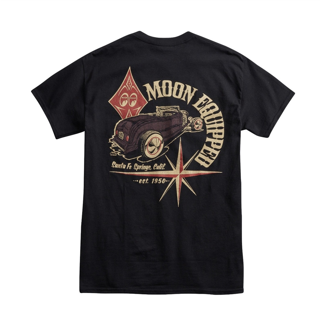 ผ้าฝ้าย 100% เสื้อยืดผู้ชาย Mooneyes Moon ติดตั้งคลาสสิก Roadster ผ้าฝ้ายสีดํา MQT058BK แขนสั้น O-คอ