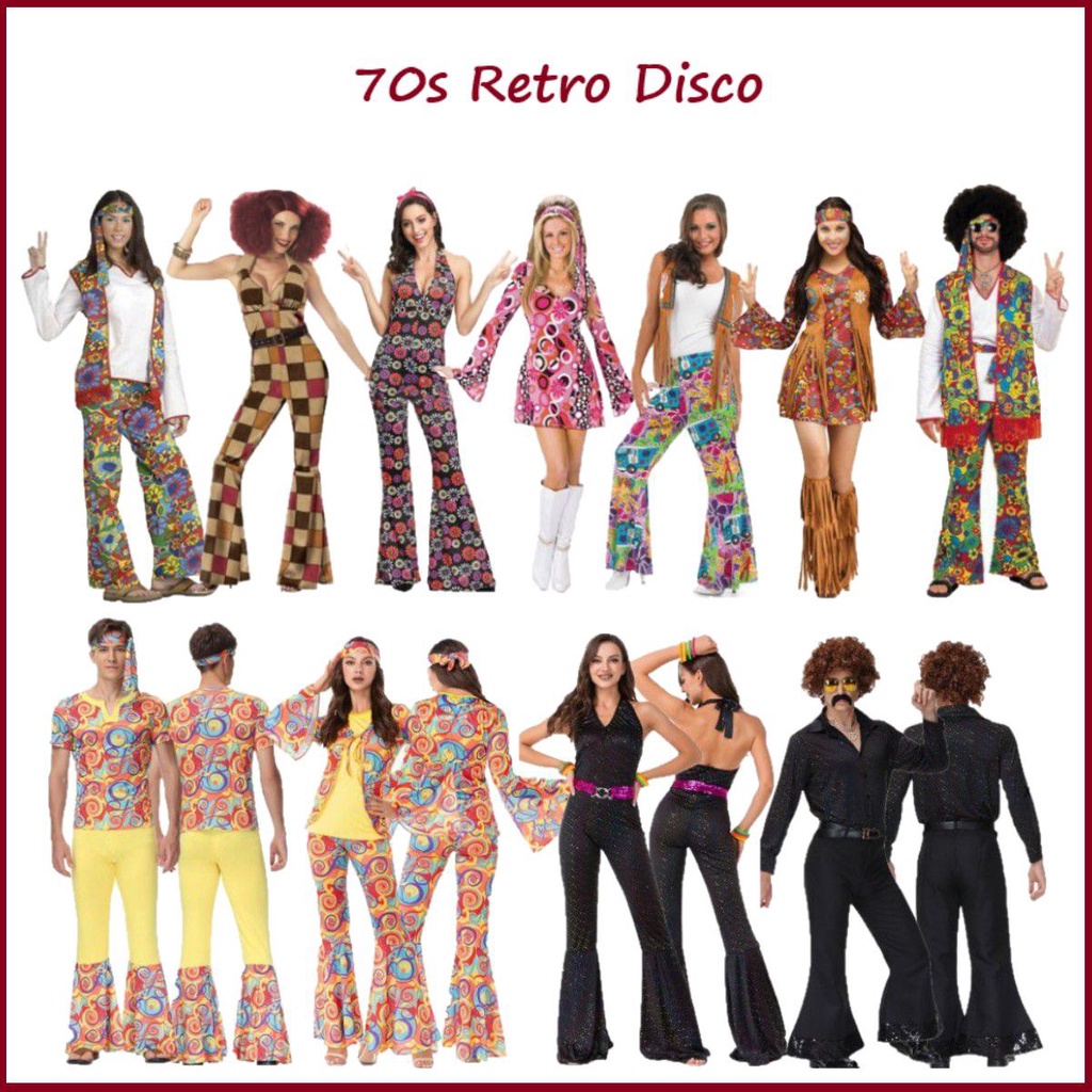 Retro 60s 70s Hippy Hippie Disco Costume Cosplay for Men Women Couples Halloween Party Performance D