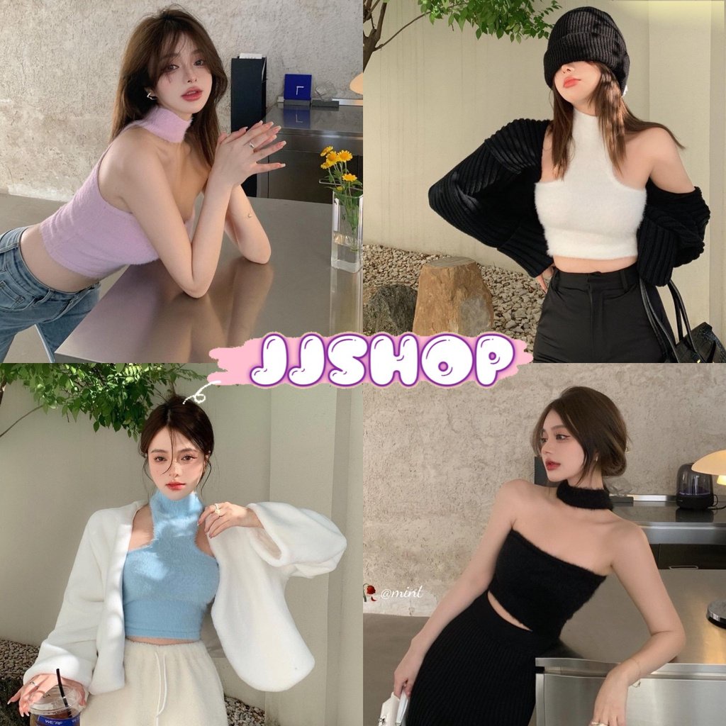 JJ shop พร้อมส่ง เสื้อกล้ามคอเต่าเว้าหลัง ดีเทลขนมุ้งมิ้ง ใส่ได้2แบบ เลือกได้ตามชอบ "60122"