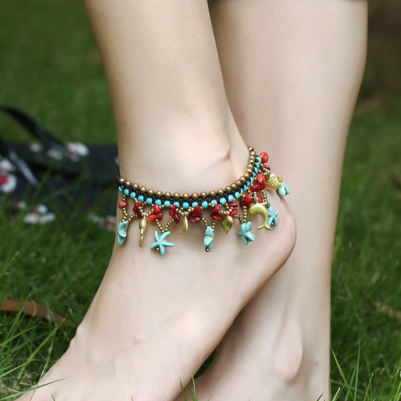 Yiiga สร้อยข้อเท้า ทองแดงถักมือ รูปปลาดาว สไตล์โบฮีเมียน ยุโรป อเมริกัน เครื่องประดับชายหาด สําหรับผู้หญิง