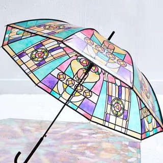 2022 Transparent Umbrella Retro Palace Style Stained Glass Long Handle Automatic Dream Sunny Ins Net Red Clear Umbrella