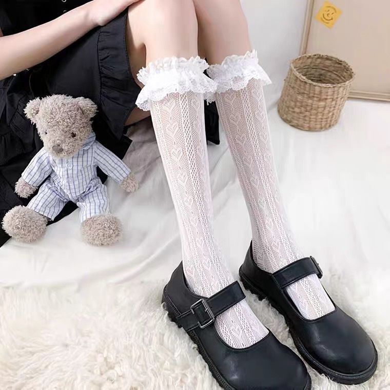 ส่งใน24ชม ถุงเท้าโลลิต้าสไตล์ญี่ปุ่น ถุงเท้าลูกไม้ สีทึบ ตาข่ายระบายอากาศ หวานและน่ารัก