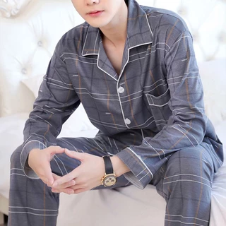 Suikone ชุดนอนแขนยาวผู้ชายชุดเสื้อแขนยาว + กางเกง 2 ชิ้นหลวมพลัสขนาดชุดนอนผู้ชายนุ่มสบาย