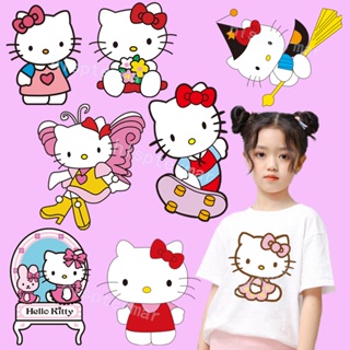 แผ่นแพทช์รีดร้อน ลายการ์ตูน Hello Kitty น่ารัก สําหรับตกแต่งเสื้อผ้า DIY