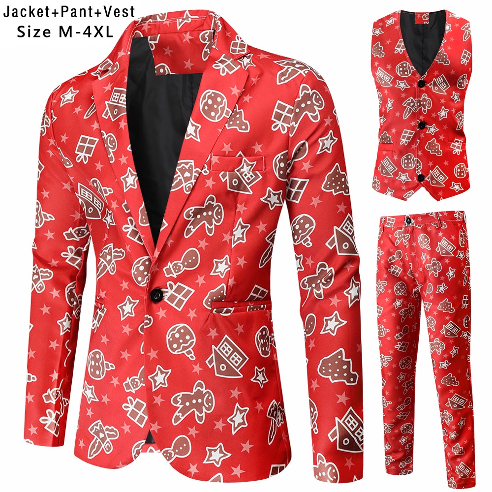 New Mens Christmas Suits Three-piece Cute Cartoon 3D Printed Casual Suit Jacket  Pants Vest 3Pcs Xmas Party Dress 12 Col #4