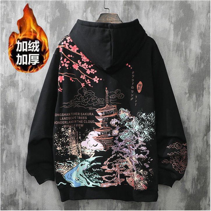 เสื้อกันหนาวมีฮู้ดสําหรับชายสีขาวเสื้อผ้าผู้ชายpunkสีดําปักharajukuแฟชั่นone PieceฤดูหนาวOverfitหลวมHoodies