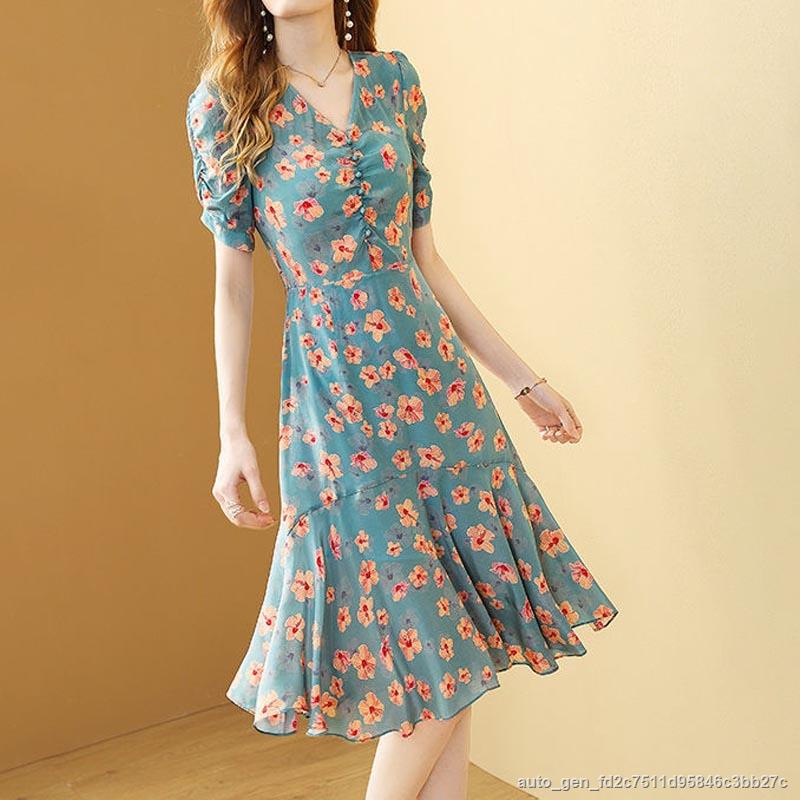 Vintage Floral Print Puff Sleeves V Neck With Belt Slim Dress For Women Summer Korean Elegant Mid-length Dresses Vestido #4