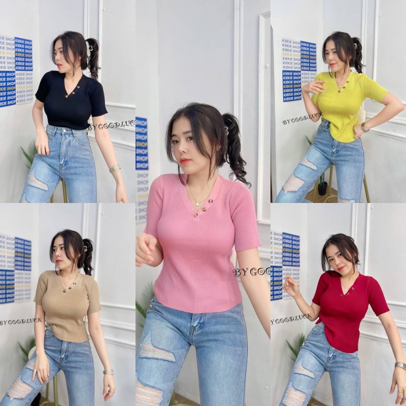 MesubShop เสื้อยืดคอวี เสื้อยืดนมโต แขนสั้นครอปลุคไฮ-โซ ‼️ผ้าไหมพรม‼️ แต่งกระดุมขายดีอันดับ1 รุ่น หมูมะนาว