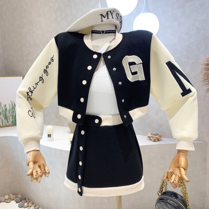 Red Embroidered Letter Coat Short Bomber Jackets Patchwork Contrast Mini Black Skirt Sets Autumn 2022 Casual 2piece Trac #2