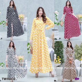 16832 แม็กซี่เดรสปกเชิ๊ต กระดุมหน้า ลายจุดใหญ่ Maxi dress, shirt collar, button front, big polka dots