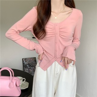 พร้อมส่ง เสื้อยืดแขนยาว คอวี เข้ารูป สีชมพู สําหรับผู้หญิง