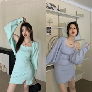 พร้อมส่ง 2 สี 🥐🐮 Minmin sweater &amp; dress เดรสสายเดี่ยว เสวตเตอร์สีหวานน่ารัก (แยกชิ้น) (36090)