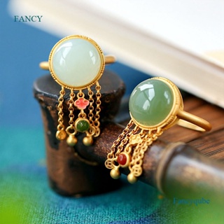 Fancyqube แหวนหยกธรรมชาติ ทรงกลม ประดับพู่ สไตล์ชนเผ่า เรโทร สําหรับผู้หญิง