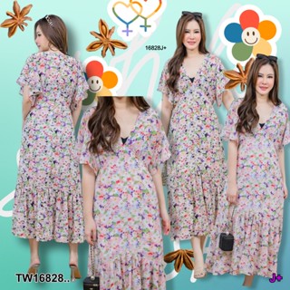 TT16828 เดรส#สาวอวบ คอวีแต่งระบายแขนผีเสื้อ ลายดอก.Dress #chubby girl, v-neck, decorated with fringe, butterfly sleeves,