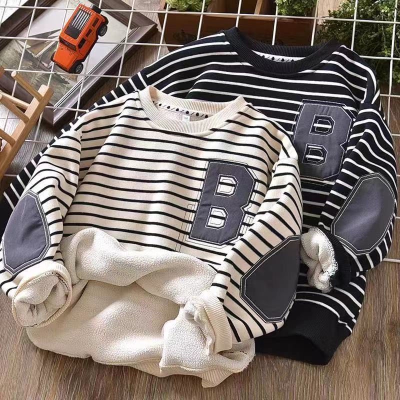 【พร้อมส่ง】เสื้อกันหนาวแขนยาวลําลอง ผ้าฟลีซ ลายทาง ขนาดใหญ่ แฟชั่นฤดูใบไม้ร่วง และฤดูหนาว สําหรับเด็กผู้ชาย อายุ 1-7 ปี