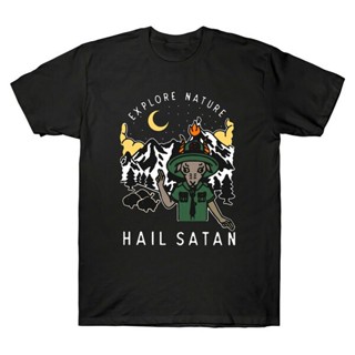 เสื้อยืดผู้ชาย ผ้าฝ้าย สีดํา แขนสั้น พิมพ์ลายแพะ Explore Nature Hail Satan