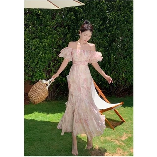 (Dress5-142)พร้อมส่ง Floral Dress เดรสผ้าชีฟอง สายเดียวเปิดไหล่มีแขนระบายๆ ผ้าพลิ้ว จั้มอก สวยน่ารักมากๆ เที่ยว ออกงาน
