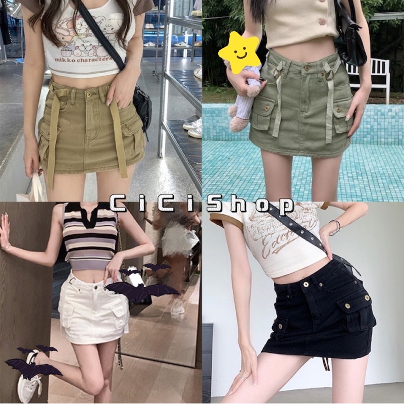 Cicishop(SALE 195)กระโปรงสั้นผ้ายีนส์แต่งกระเป๋า2ข้างทรงy2k ดีเมลสายเข็มขัดสวยเท่จับแมทซ์ได้ทุกลุคสวยปังหมด