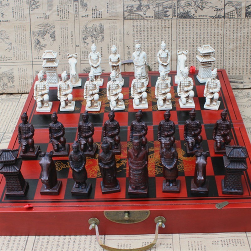 Antique Chess set Three-dimensional Super Large Chess Pieces Wooden Folding Chess Board Terracotta Warriors Figuresl