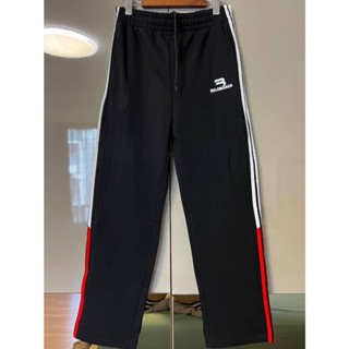 BALENCIAGA BLACK SPORTY RED &amp; WHITE STRIPE PANTS กางเกงวอร์ม ขากระบอก บาลองเซียก้า แถบข้าง สีดำ ปักตัวหนังสือโลโก้