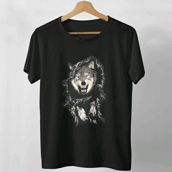 DRABLAZE เสื้อยืด 100% Cotton Comb สกรีนหมาป่าทะลุเสื้อ 3มิติ Wolf through the shirt 3D คอกลม คอตตอนคอมบ์