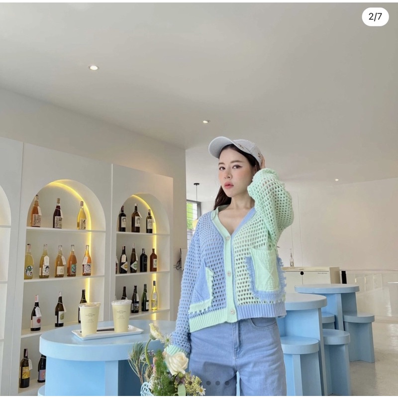 FF0317 - Johnson & Jasmine Cardigan (Blue & Green)เสื้อไหมพรมแขนยาว เสื้อทูโทน เสื้อคาร์ดิแกน (Used)