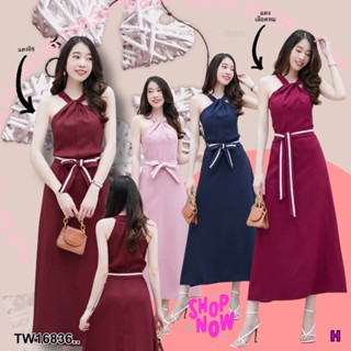 TwinsShopVip💗พร้อมส่ง TW16836 เดรสยาวไหล่ล้ำคล้องคอ + โบว์แต่งผ้ากุ้น..Long dress, shoulder length, neckline +