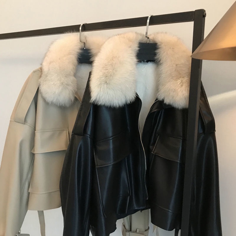 Chic Autumn Winter Detachable Faux Mink Fur Collar PU Bomber Jacket Plus Velvet Thick Trench Coat Faux Leather Zipper Ja #1
