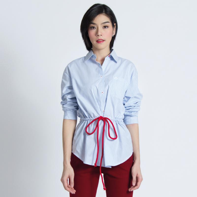 GSP เสื้อสีฟ้า Shirt เสื้อเชิ้ต แขนยาว ลายทางสีฟ้าอ่อน จั๊มเอวด้วยเชือกสีแดง (PU9JLB)