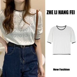 Zhelihangfei ใหม่ เสื้อยืดแขนสั้น ผ้าถัก ลายหัวใจ สีขาว สไตล์ฝรั่งเศส เหมาะกับฤดูร้อน สําหรับผู้หญิง 2022