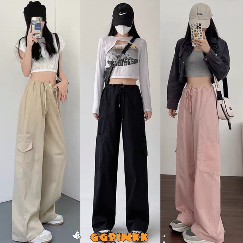 พร้อมส่ง กางเกงขายาว เอวสูง ผู้หญิง  ใหม่ เอวสม็อค เชือกเก๋ๆ กระเป๋าข้างใส่ได้จริง 3