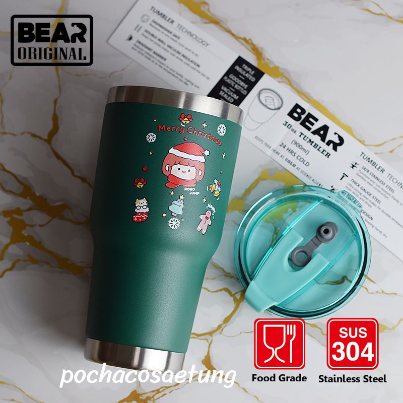 แก้ว BEAR Merry X'mas UV 30oz ลายคมชัด สีไม่ลอก สเเตนเลส304 ไม่มีไอน้ำ