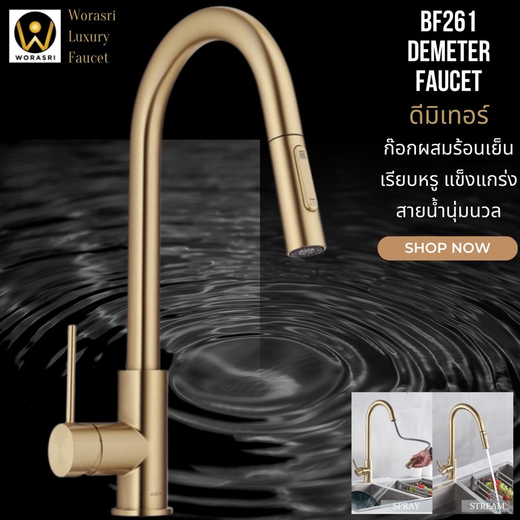 WoraSri BF261 ก๊อกซิงค์อ่างล้างจาน หัวก๊อกยืดสายหมุน 360 องศา สแตนเลส304 ก 19 สูง 43 ซม. สีทองด้าน