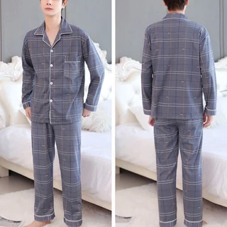 Suikone ชุดนอนแขนยาวผู้ชายชุดเสื้อแขนยาว + กางเกง 2 ชิ้นหลวมพลัสขนาดชุดนอนผู้ชายนุ่มสบาย