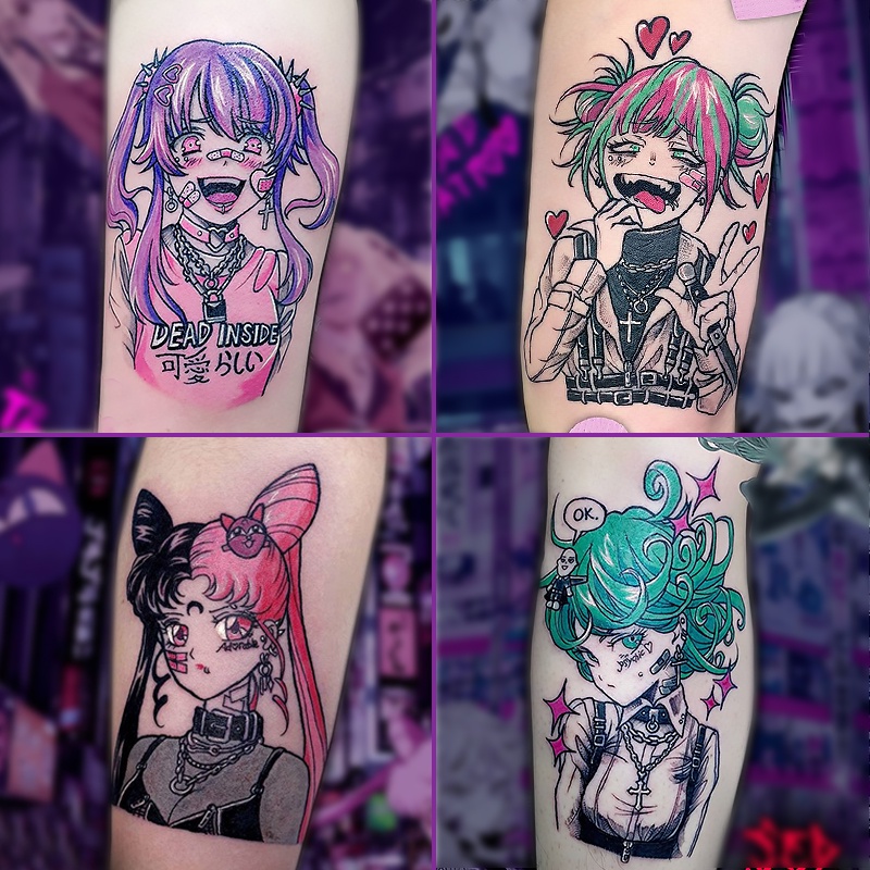 สติกเกอร์รอยสักชั่วคราว กันน้ํา ลายการ์ตูนอนิเมะดอกไม้ สไตล์ญี่ปุ่น สําหรับผู้หญิง