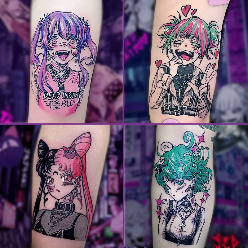 สติกเกอร์รอยสักชั่วคราว กันน้ํา ลายการ์ตูนอนิเมะดอกไม้ สไตล์ญี่ปุ่น สําหรับผู้หญิง