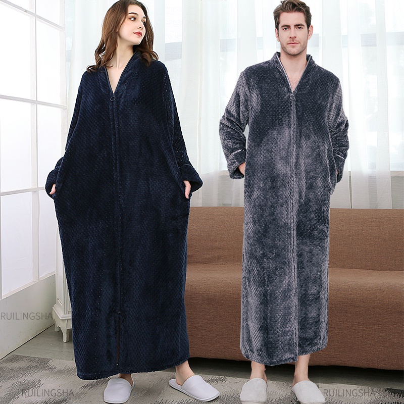 Women Ultra Long Plus Size Thick Warm Bathrobe Lovers Winter Thermal Flannel Bath Robe Men Robes 6499