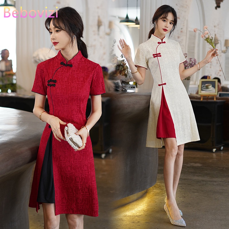 Vintage จีนแบบดั้งเดิมสวมใส่ผู้หญิง Qipao ชุดฤดูร้อนแขนสั้นสีแดงสีดําโมเดิร์น Cheongsam เสื้อผ้าปีใหม่ CNY 年大码中式 新款衣版裙